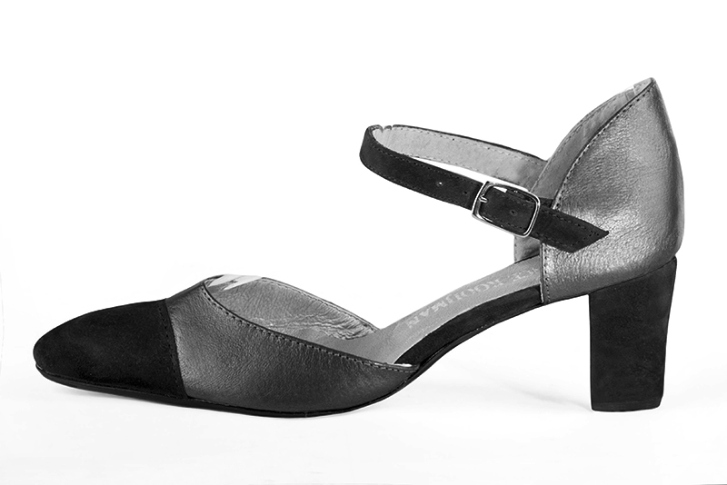 Matt black and dark silver women's open side shoes, with an instep strap. Round toe. Medium block heels. Profile view - Florence KOOIJMAN